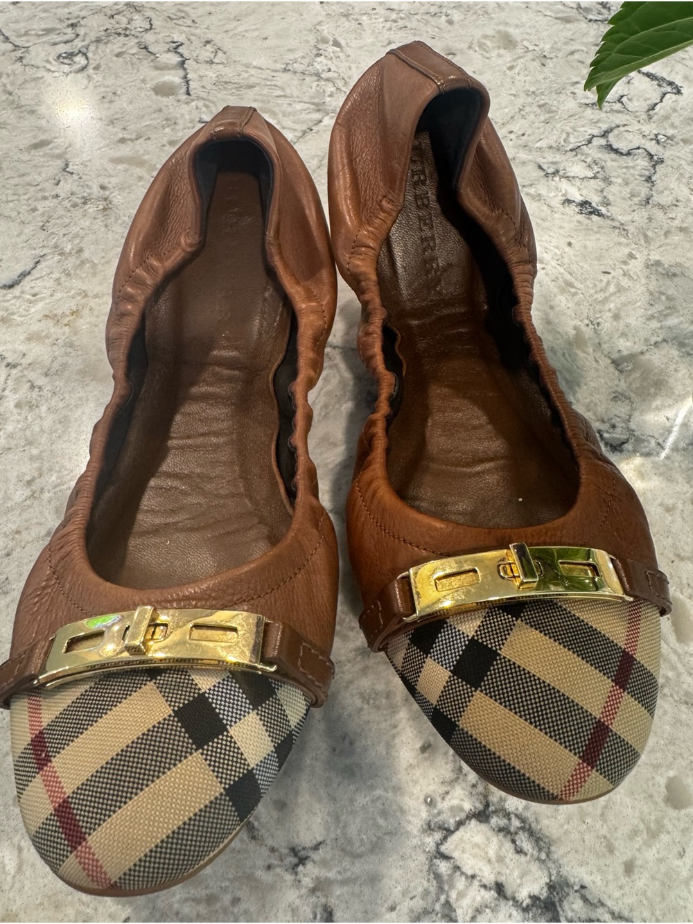 Burberry Brown Coated Canvas & Leather Ballet Flats See Measurements